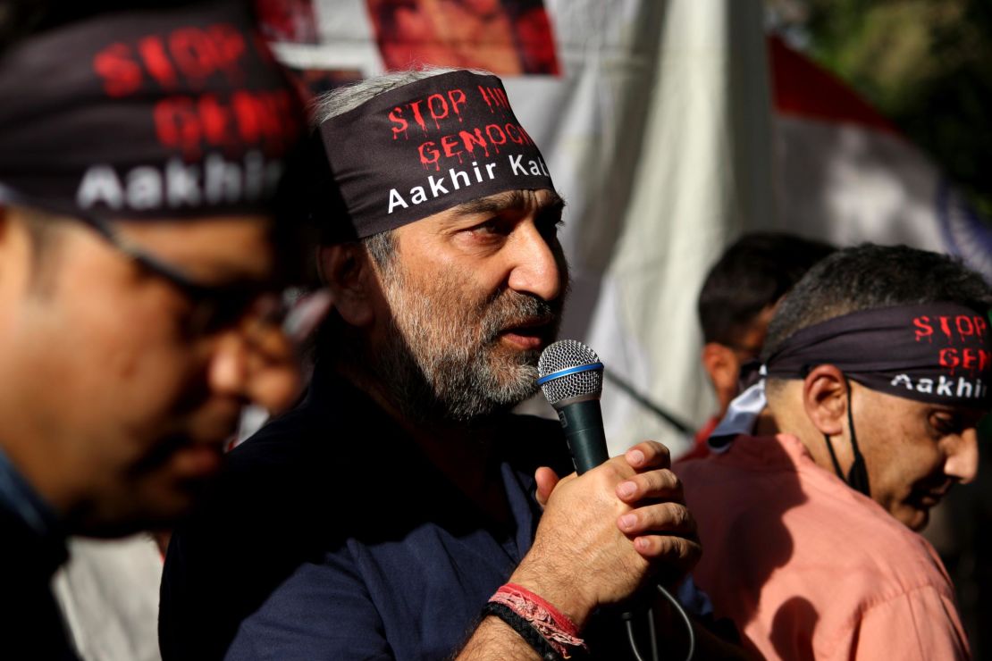 Sushil Pandit, a Kashmiri pandit activist, demands justice for the Kashmir Pandit community that fled the region during 1990s at a rally in New Delhi, India on April 1, 2022. 