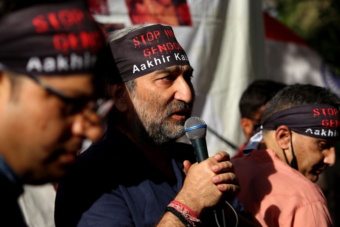 Sushil Pandit, a Kashmiri pandit activist, demands justice for the Kashmir Pandit community that fled the region during 1990s at a rally in New Delhi, India on April 1, 2022.