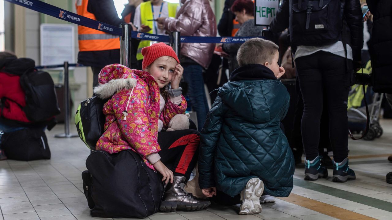 Ukrainian refugees at Przemysl railway station in eastern Poland.