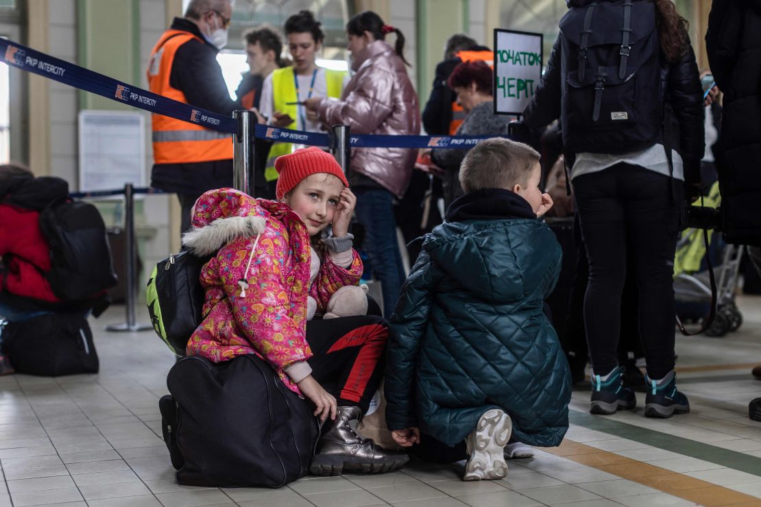 Ukrainian refugees at Przemysl railway station in eastern Poland.