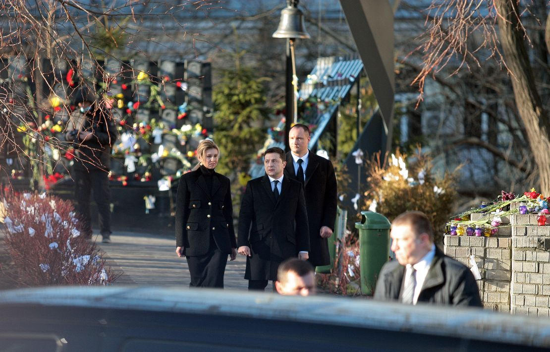 Volodymyr Zelensky and Olena Zelenska attend a memorial service in Kyiv in February -- shortly before the Russian invasion began.