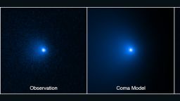 This sequence shows how the nucleus of Comet C/2014 UN271 (Bernardinelli-Bernstein) was isolated from a vast shell of dust and gas surrounding the solid icy nucleus. On the left is a photo of the comet taken by the NASA Hubble Space Telescope's Wide Field Camera 3 on January 8, 2022. A model of the coma (middle panel) was obtained by means of fitting the surface brightness profile assembled from the observed image on the left. This allowed for the coma to be subtracted, unveiling the point-like glow from the nucleus. Combined with radio telescope data, astronomers arrived at a precise measurement of the nucleus size. That's no small feat from something 3 billion miles away. Though the nucleus is estimated to be as large as 85 miles across, it is so far away it cannot be resolved by Hubble. Its size is derived from its reflectivity as measured by Hubble. The nucleus is estimated to be as black as charcoal. The nucleus area is gleaned from radio observations.