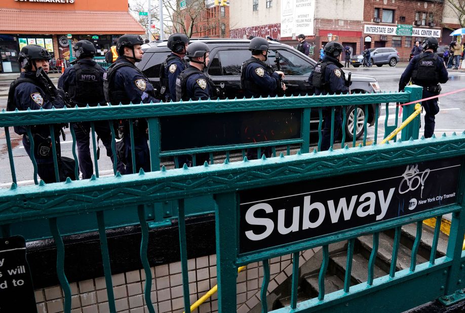 Members of the New York City Police Department patrol the streets after the incident.