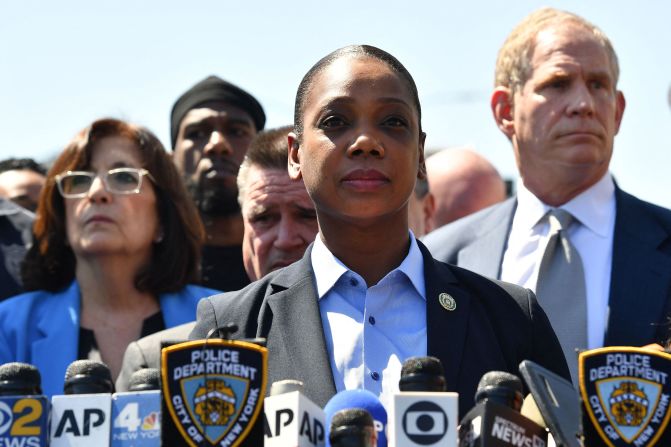 New York City Police Commissioner Keechant Sewell speaks about the shooting at a <a href="index.php?page=&url=https%3A%2F%2Fwww.cnn.com%2Fus%2Flive-news%2Fbrooklyn-subway-shooting-nyc%2Fh_a41e4ad5baa7b3ff9809cdd3f89aad66" target="_blank">news conference</a> on Tuesday. "We are determining what the motive is, and we will find that out as the investigation continues," she said.