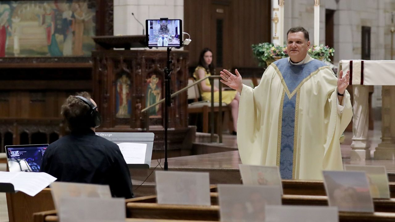 Rev. Brian X. Needles delivers Easter Sunday Mass via livestream on April 12, 2020, at Our Lady of Sorrows Catholic Church in South Orange, New Jersey. Many churches have been forced to adapt during the Covid-19 pandemic.