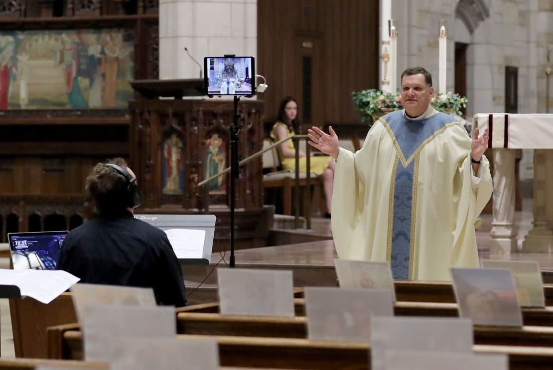 Rev. Brian X. Needles delivers Easter Sunday Mass via livestream on April 12, 2020, at Our Lady of Sorrows Catholic Church in South Orange, New Jersey. Many churches have been forced to adapt during the Covid-19 pandemic.