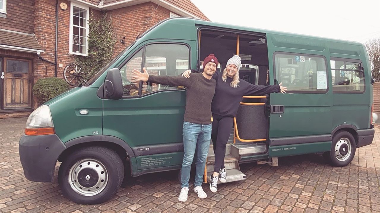 <strong>Big challenge:</strong> Matthew Dacombe and Gemma Hitchcock, who are both teachers, bought this minibus for £4,500 (around $5,868) in 2020.