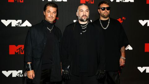 Swedish House Mafia's (from left) Axwell, Steve Angello and Sebastian Ingrosso arrive at the MTV Video Music Awards at Barclays Center in Brooklyn, New York, on September 12, 2021.