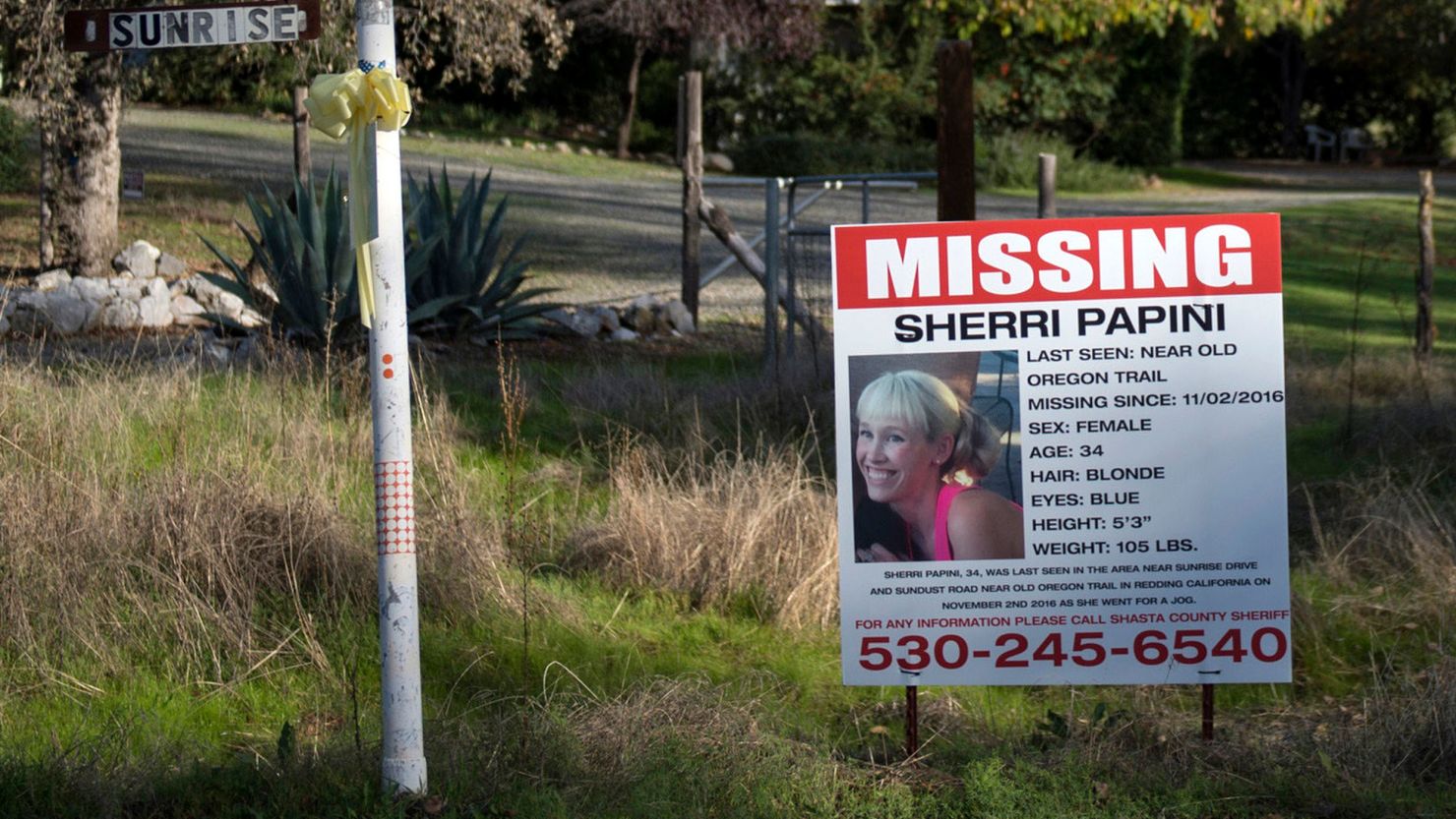 A "missing" sign for Sherri Papini is seen in November 2016 along Sunrise Drive, near the location where she was believed to have gone missing while on an afternoon jog.