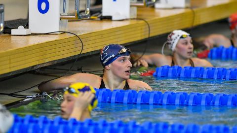 Lia Thomas reacts after swimming the 100 Freestyle prelims at the NCAA Swimming and Diving Championships on March 19, 2022.