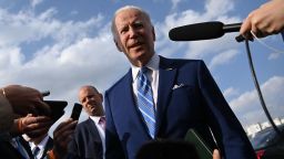 US President Joe Biden speaks to members of the media prior to boarding Air Force One at Des Moines International Airport in Des Moines, Iowa, on April 12, 2022. (Photo by MANDEL NGAN / AFP) (Photo by MANDEL NGAN/AFP via Getty Images)