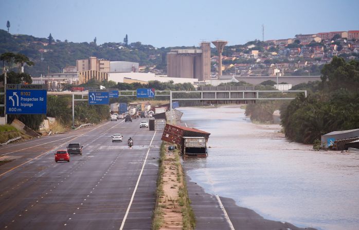 Part of the N2 highway is flooded in Durban on April 12.