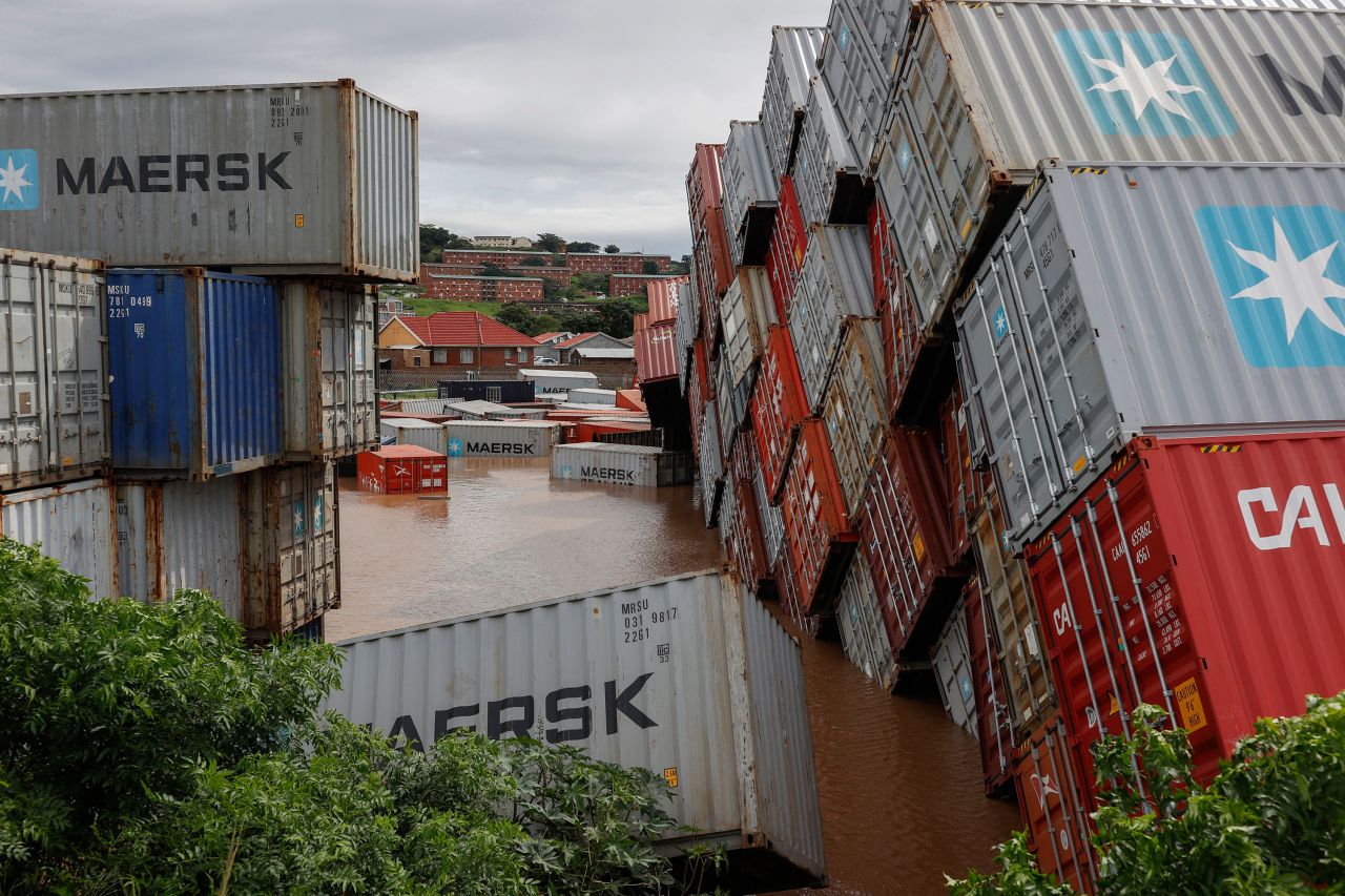 Shipping containers are washed away after <a href="https://www.cnn.com/2022/04/13/africa/gallery/south-africa-flooding/index.html" target="_blank">heavy rains and flooding</a> in Durban, South Africa, on Tuesday, April 12.