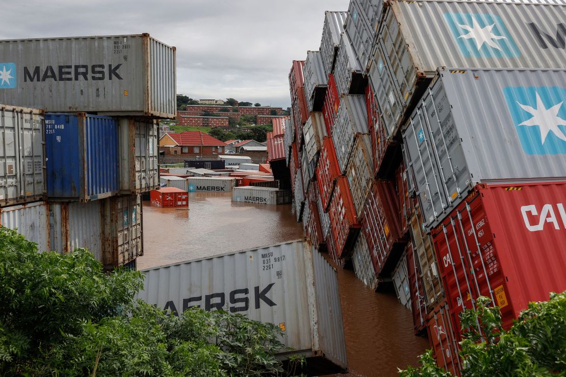 A general view of containers that fell over at a container storage facility following heavy rains, winds and floods in Durban on April 12, 2022. 