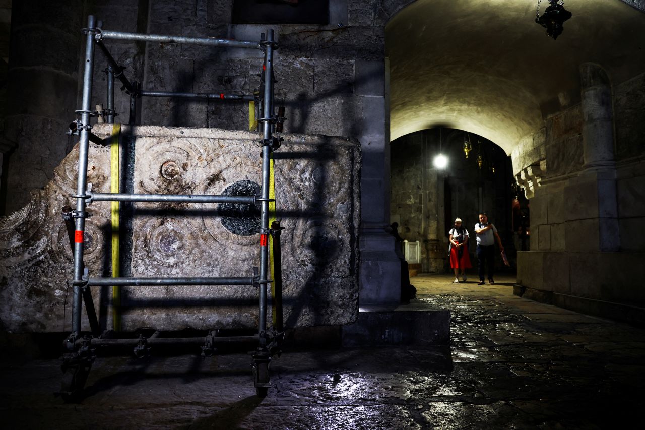 A stone slab said to be the decorated frontal of the Crusader-era high altar of the Church of the Holy Sepulchre is seen in Jerusalem's Old City on April 11, 2022.