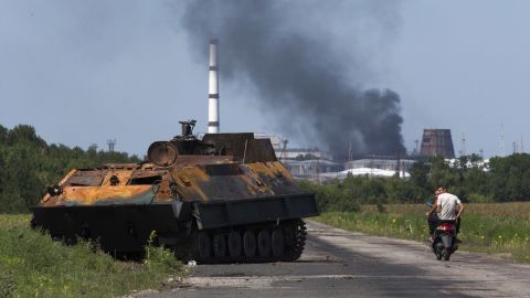 A destroyed tank belonging to pro-Russian fighters in 2014.