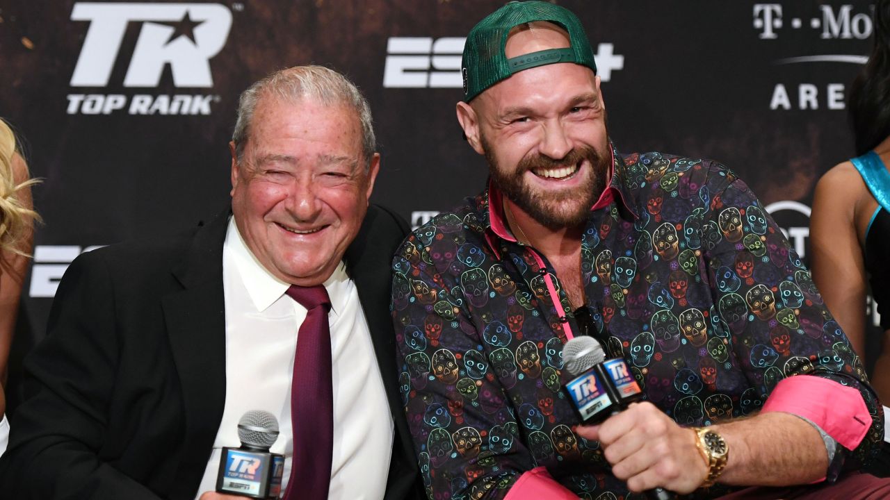 Top Rank Founder and CEO Bob Arum (L) and boxer Tyson Fury laugh during a news conference at MGM Grand Hotel & Casino on September 11, 2019 in Las Vegas.