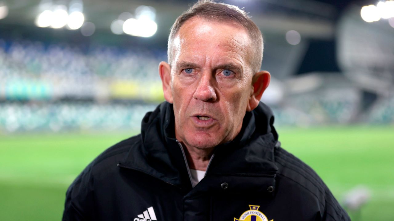 Northern Ireland manager Kenny Shiels speaks during a post match interview after the Women's World Cup Qualifying match between Northern Ireland and England, at Windsor Park, Belfast, Northern Ireland, Tuesday April 12, 2022. The coach of Northern Ireland's women's team has provoked criticism by saying girls and women were more susceptible to conceding multiple goals in a short space of time because they are "more emotional than men."  (Liam McBurney/PA via AP)