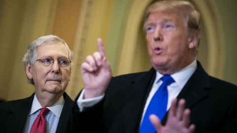 Then-Senate Majority Leader Mitch McConnell, a Republican from Kentucky, left, listens while then-President Donald Trump speaks to the press at the US Capitol in Washington, D.C., in March 2019.