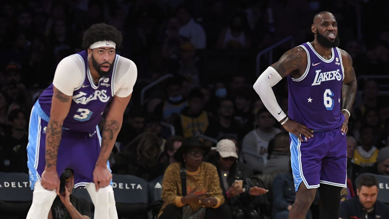 LeBron James #6 and Anthony Davis #3 of the Los Angeles Lakers during a break in the action at Crypto.com Arena on April 1, 2022.