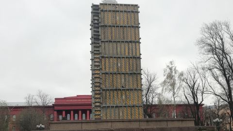 A statue of Ukrainian poet Taras Shevchenko shrouded in protective scaffolding, in Kyiv on April 13.