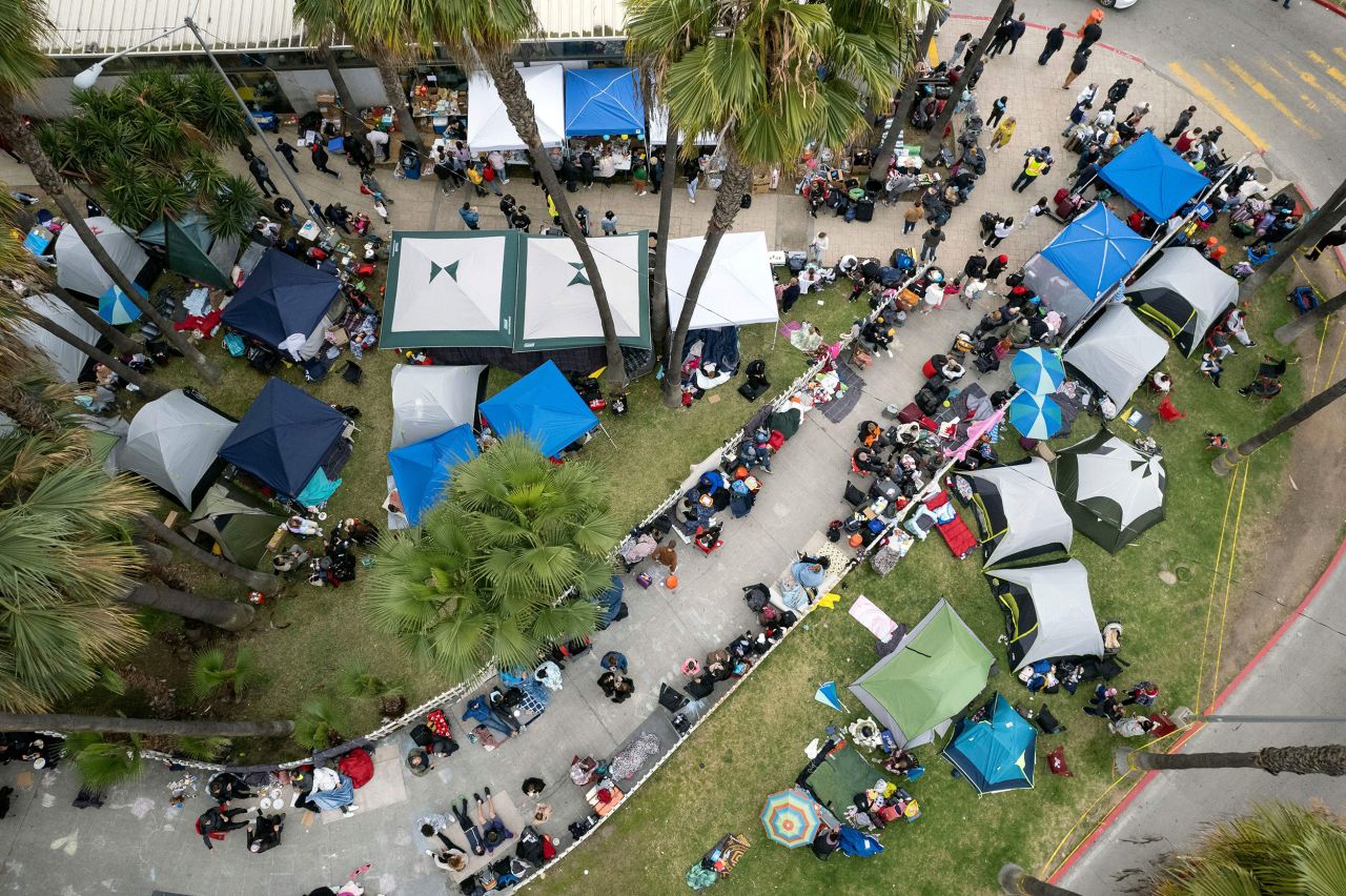 Ukrainians hoping to seek asylum in the United States set up a makeshift camp near a pedestrian border crossing in Tijuana on April 2.
