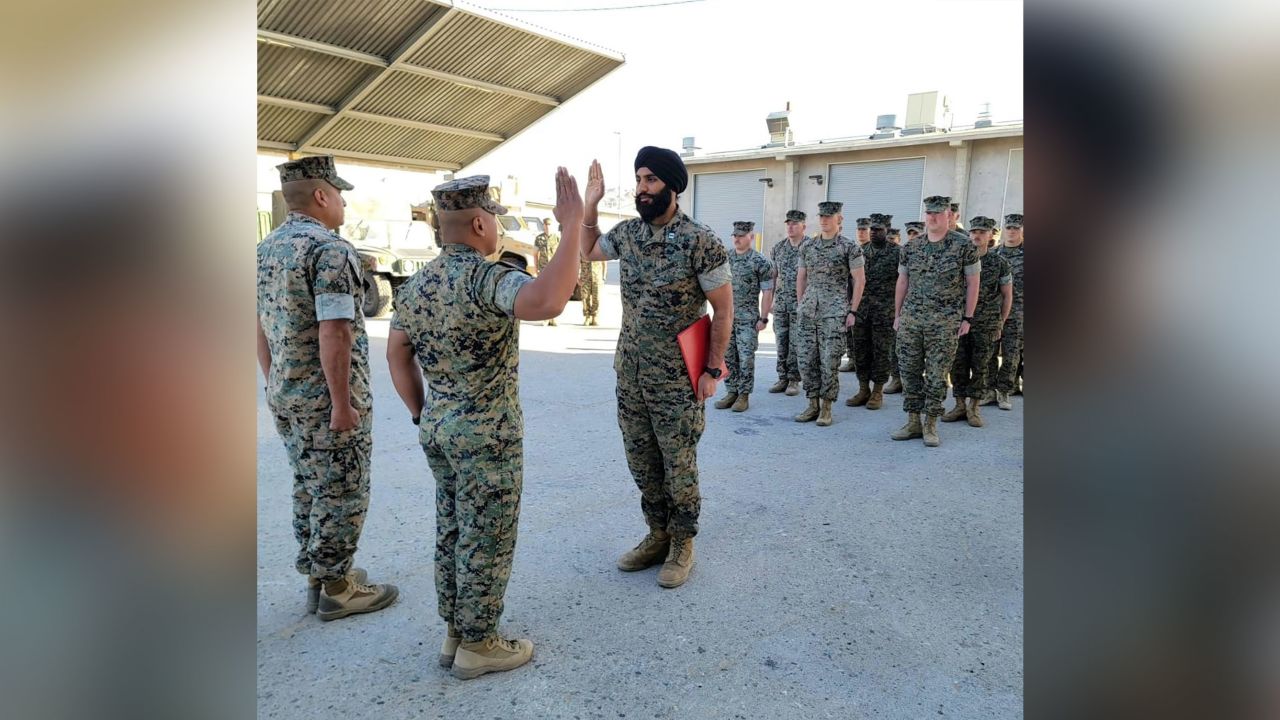 Capt. Sukhbir Toor during his pinning ceremony on March 14 at Twentynine Palms. Toor was promoted from 1st Lieutenant to Captain.
