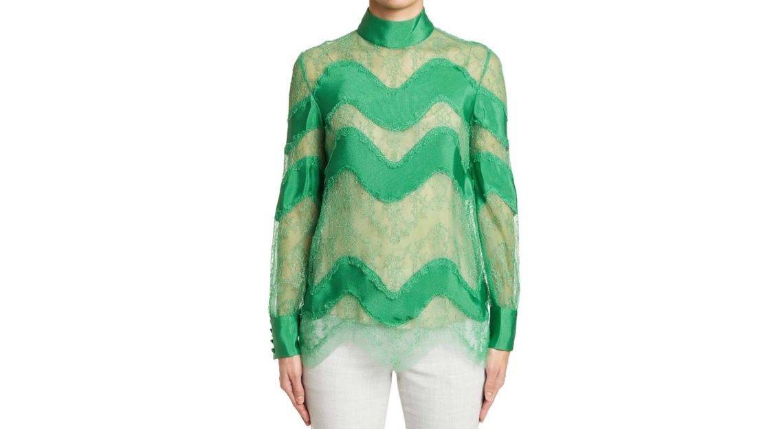 Valentino Mock Neck Lace Trim Blouse