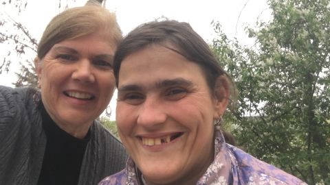 Teresa Fillmon, executive director of a Ukrainian charity that works with orphans called His Kids Too!, with a woman, on the right, who Fillmon has worked with for years. (She is not the mother that Fillmon has been trying to reach.)