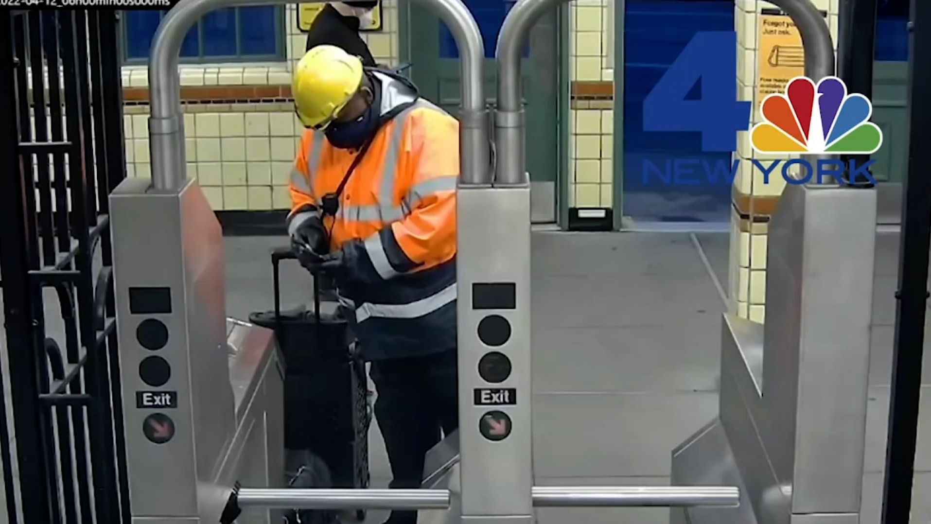A frame grab from a video obtained by WNBC shows a man authorities believe to be Brooklyn subway shooting suspect Frank James entering New York City's subway system.