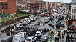Emergency vehicles and the New York Police Department crowd the streets after at least 13 people were injured during a rush-hour shooting at a subway station in the New York borough of Brooklyn on April 12, 2022, where authorities said "several undetonated devices" were recovered amid chaotic scenes. - Ambulances lined the street outside the 36th Street subway station, where a New York police spokeswoman told AFP officers responded to a 911 call of a person shot at 8:27 am (1227 GMT). The suspect was still at large, according to Manhattan borough president Mark Levine. (Photo by ANGELA WEISS / AFP) (Photo by ANGELA WEISS/AFP via Getty Images)