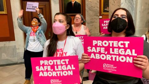 Abortion-rights supporters chant their objections at the Kentucky Capitol on Wednesday, April 13, 2022, in Frankfort.