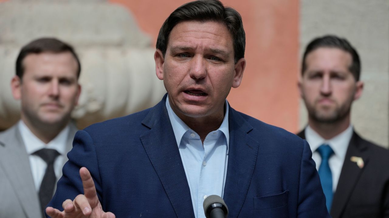 Florida Gov. Ron DeSantis speaks during a news conference in Miami on Feb. 1, 2022. 