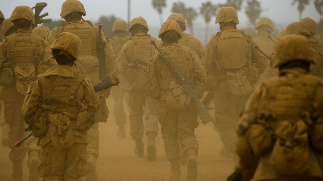 United States Marine Corps (USMC) recruits from Lima Company train near San Diego in 2021.