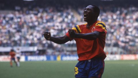 Rincón celebrates scoring the equalizer against Germany at the 1990 World Cup.