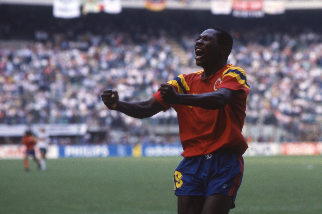 Rincón celebrates scoring the equalizer against Germany at the 1990 World Cup.