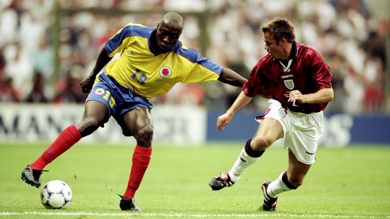 Freddy Rincón taking on England's Graeme Le Saux during the 1998 World Cup.