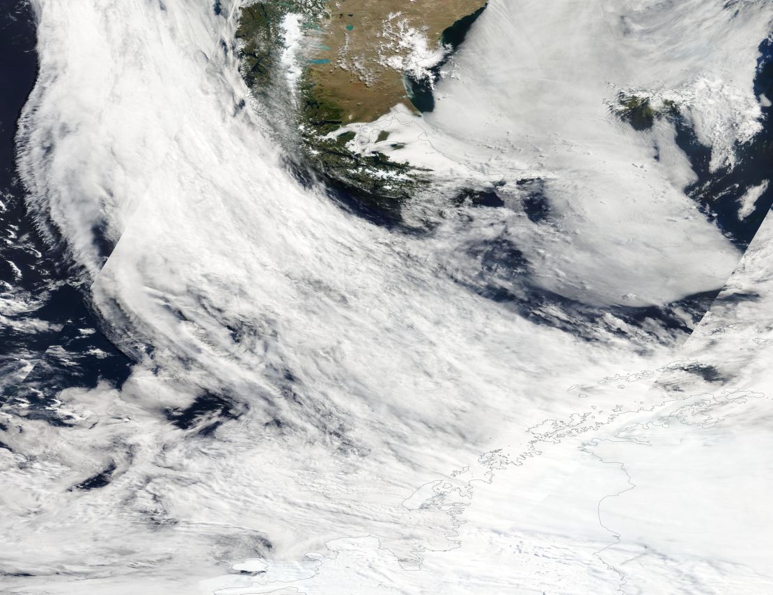 Satellite imagery from an atmospheric river over Antarctica on January 25, 2008, which scientists say triggered the disintegration of ice in the Larsen A and Larsen B shelves. 