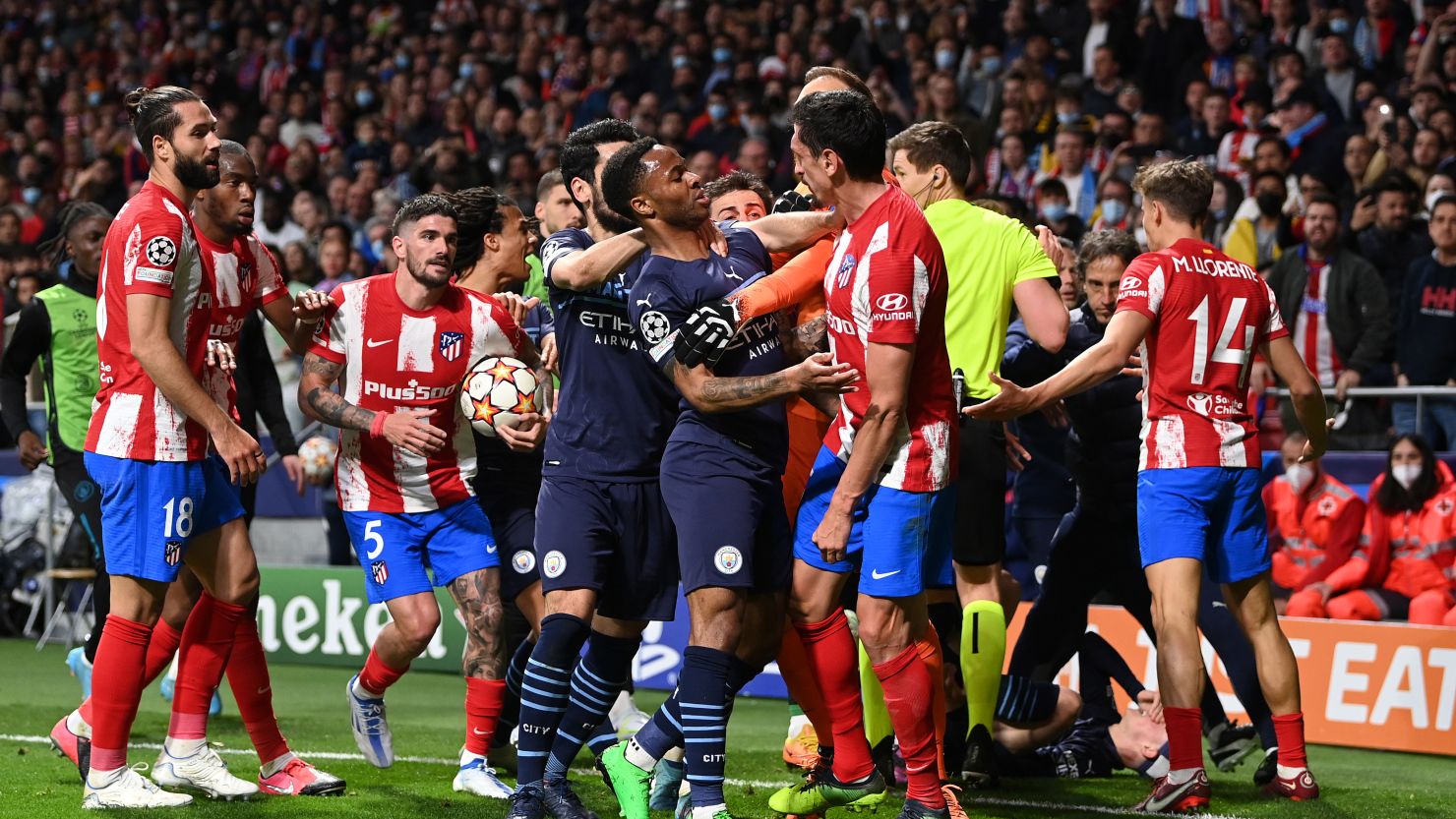 Players clash in the final moments of the Champions League quarterfinal.