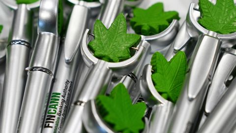 Pens featuring a marijuana leaf are pictured on a table at the Cannabis World Congress & Business Exposition (CWCBExpo) in New York City, November 5, 2021.