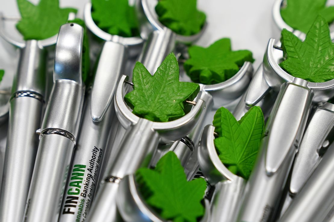 Pens featuring a marijuana leaf are pictured on a table at the Cannabis World Congress & Business Exposition (CWCBExpo) in New York City, November 5, 2021. 