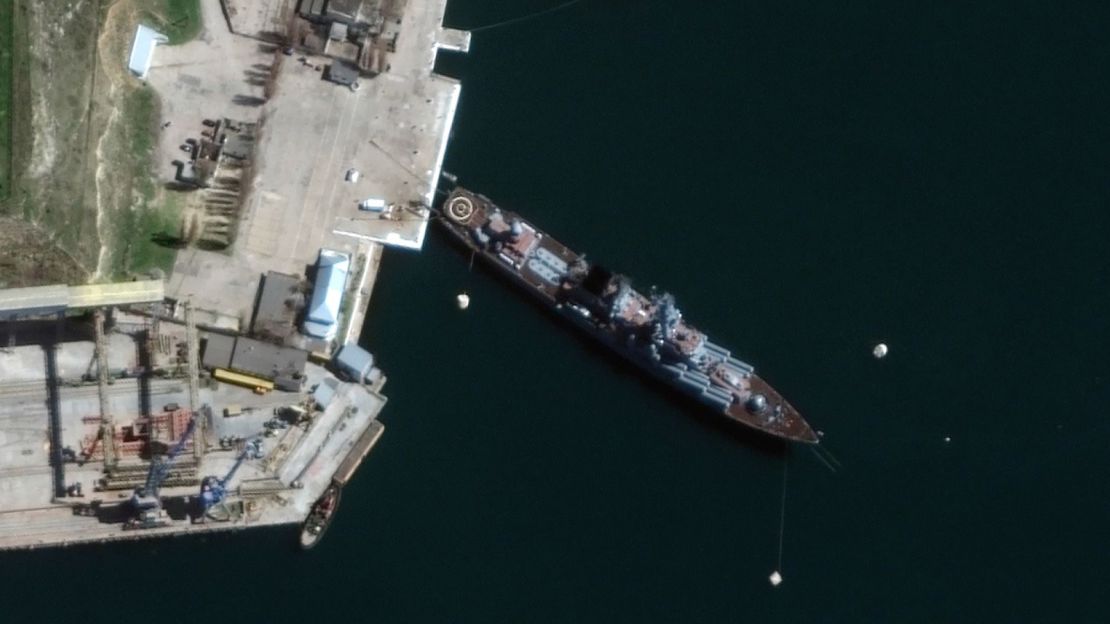 The Russian guided missile cruiser Moskva is seen April 7, in Sevastopol, Crimea in this satellite image.