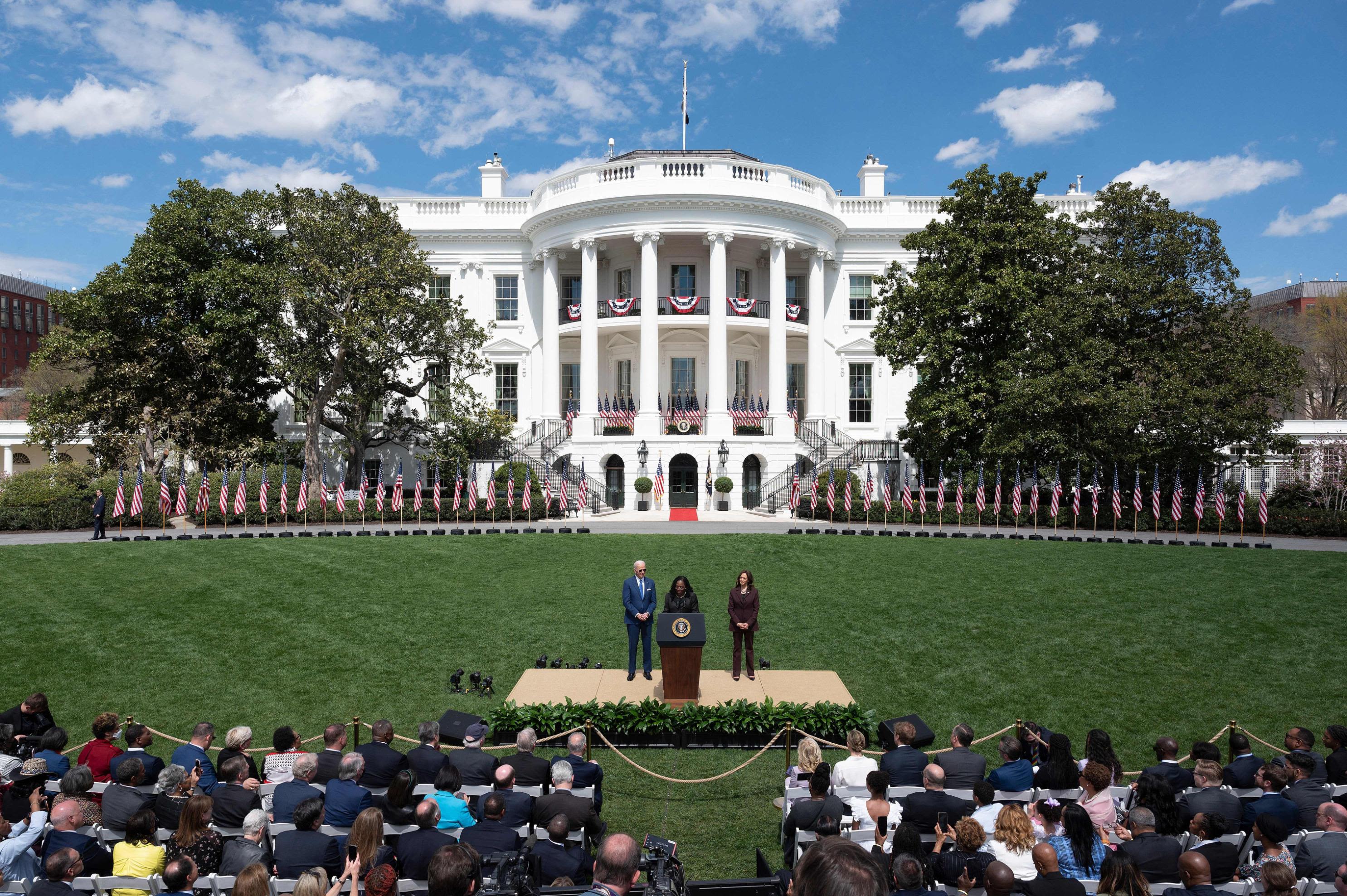 Judge Ketanji Brown Jackson speaks alongside US President Joe Biden and Vice President Kamala Harris at a White House event celebrating Jackson's historic confirmation to the US Supreme Court on Friday, April 8.