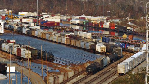Rail cars are pictured in a flooded railroad yard in New Orleans after Hurricane Katrina in 2005.