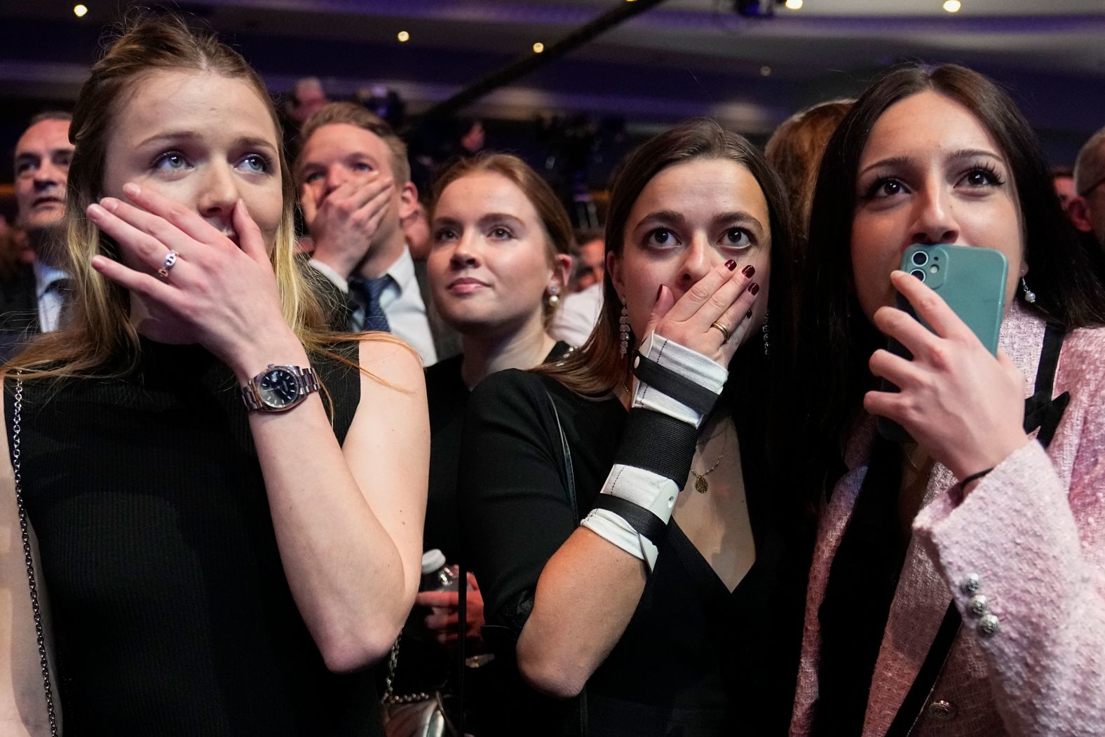 Supporters of French presidential candidate Eric Zemmour react as preliminary election results were announced in Paris on Sunday, April 10. Twelve candidates ran for the top job. But since none of them received more than 50% of the ballots in the first round, the top two candidates — French President Emmanuel Macron and far-right challenger Marine Le Pen — <a href="index.php?page=&url=https%3A%2F%2Fwww.cnn.com%2F2022%2F04%2F10%2Feurope%2Ffrench-presidential-election-results-intl%2Findex.html" target="_blank">will face each other in a runoff</a> on April 24. Zemmour finished in fourth.