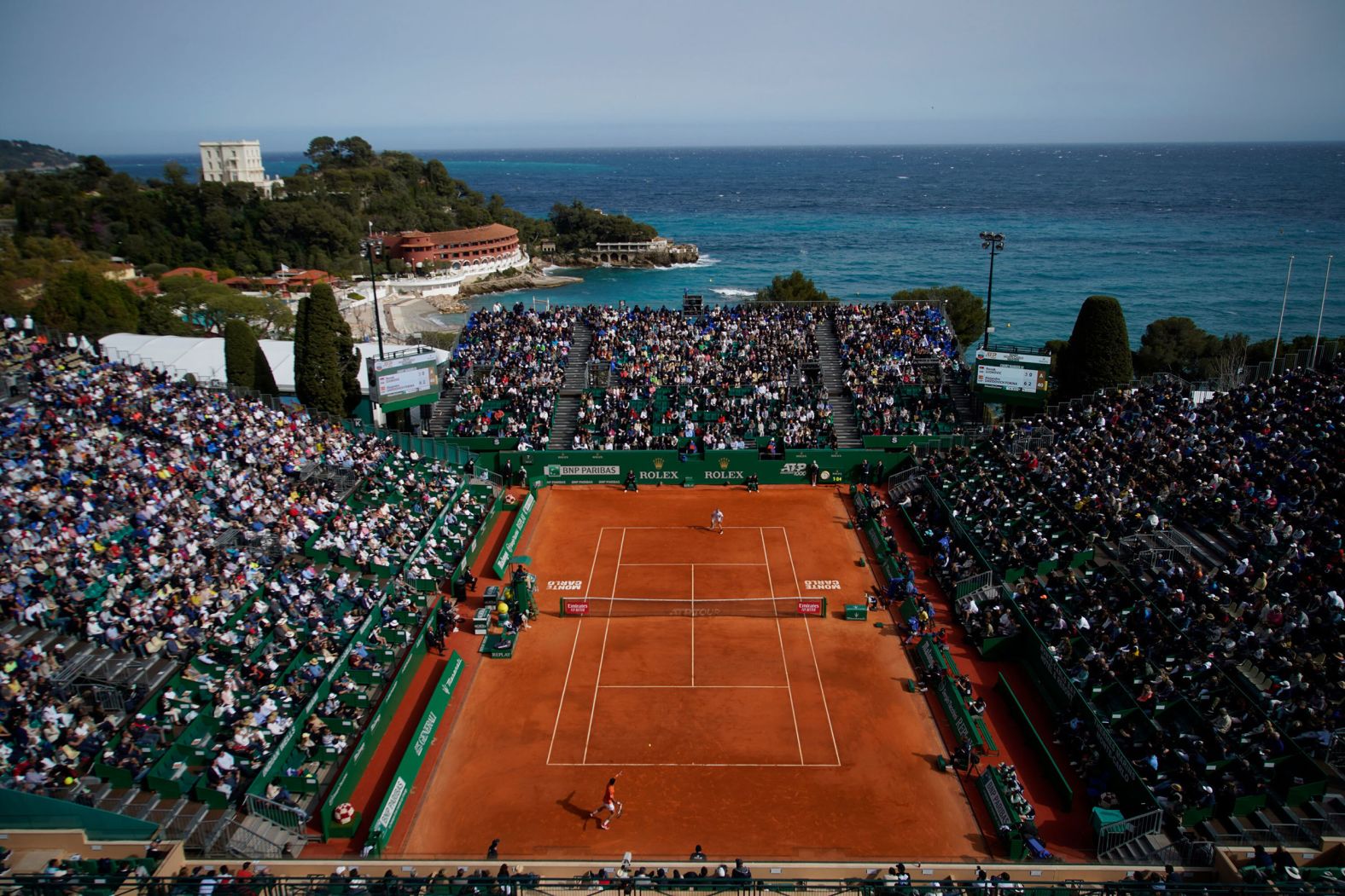 Novak Djokovic, bottom, returns the ball to Alejandro Davidovich Fokina during a second-round match at the Monte Carlo Masters in Monaco on Tuesday, April 12. It was Djokovic's first match since February, and <a href="index.php?page=&url=https%3A%2F%2Fwww.cnn.com%2F2022%2F04%2F12%2Ftennis%2Fnovak-djokovic-lose-monte-carlo-spt-intl%2Findex.html" target="_blank">he lost.</a> Djokovic, the world's No. 1 tennis player, has missed several tournaments this year because of his Covid-19 vaccination status. <a href="index.php?page=&url=http%3A%2F%2Fwww.cnn.com%2F2022%2F04%2F08%2Fworld%2Fgallery%2Fphotos-this-week-march-31-april-7%2Findex.html" target="_blank">See last week in 35 photos.</a>