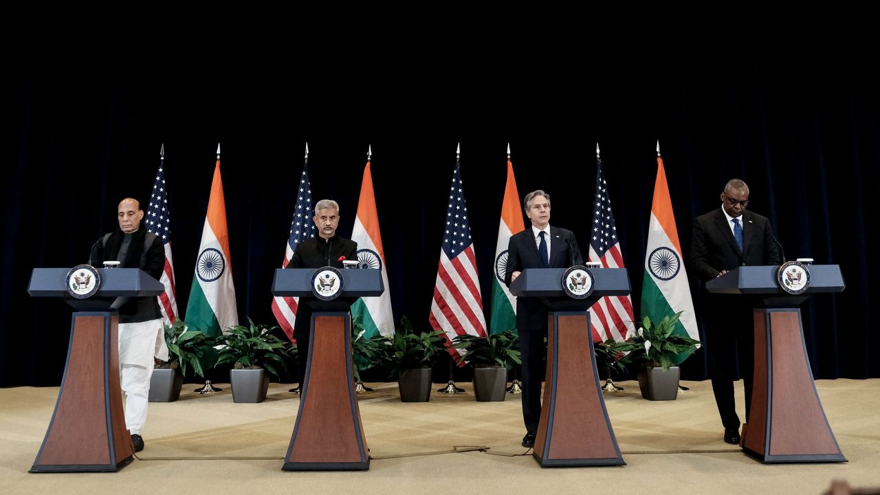 Indian Defense Minister Rajnath Singh, Indian External Affairs Minister Subrahmanyam Jaishankar, US Secretary of State Antony Blinken and US Defense Secretary Lloyd Austin at a news conference in Washington on April 11.