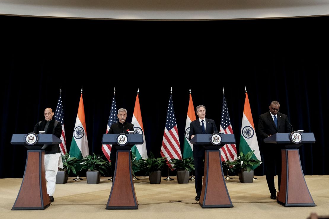 Indian Defense Minister Rajnath Singh, Indian External Affairs Minister Subrahmanyam Jaishankar, US Secretary of State Antony Blinken and US Defense Secretary Lloyd Austin at a news conference in Washington on April 11.