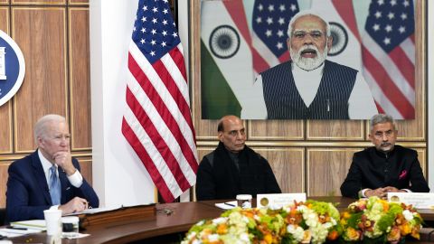 President Joe Biden meets virtually with Indian Prime Minister Narendra Modi in the South Court Auditorium on the White House campus in Washington, on April 11.