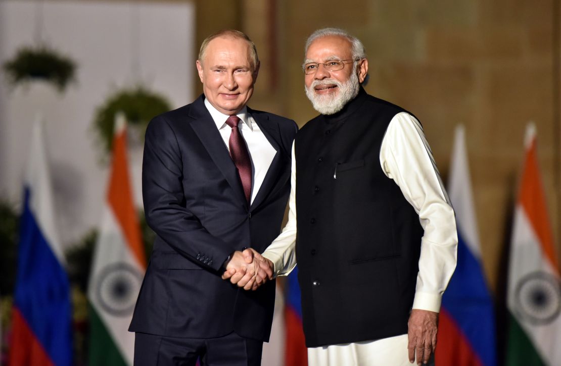 Russian President Vladimir Putin meets Indian Prime Minister Narendra Modi at Hyderabad House in New Delhi, on December 6, 2021.